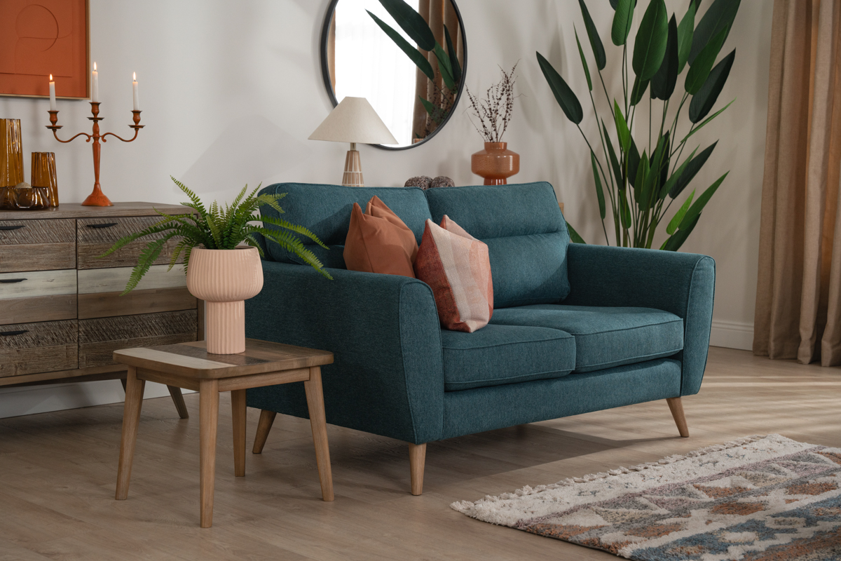 2 seater blue sofa teal