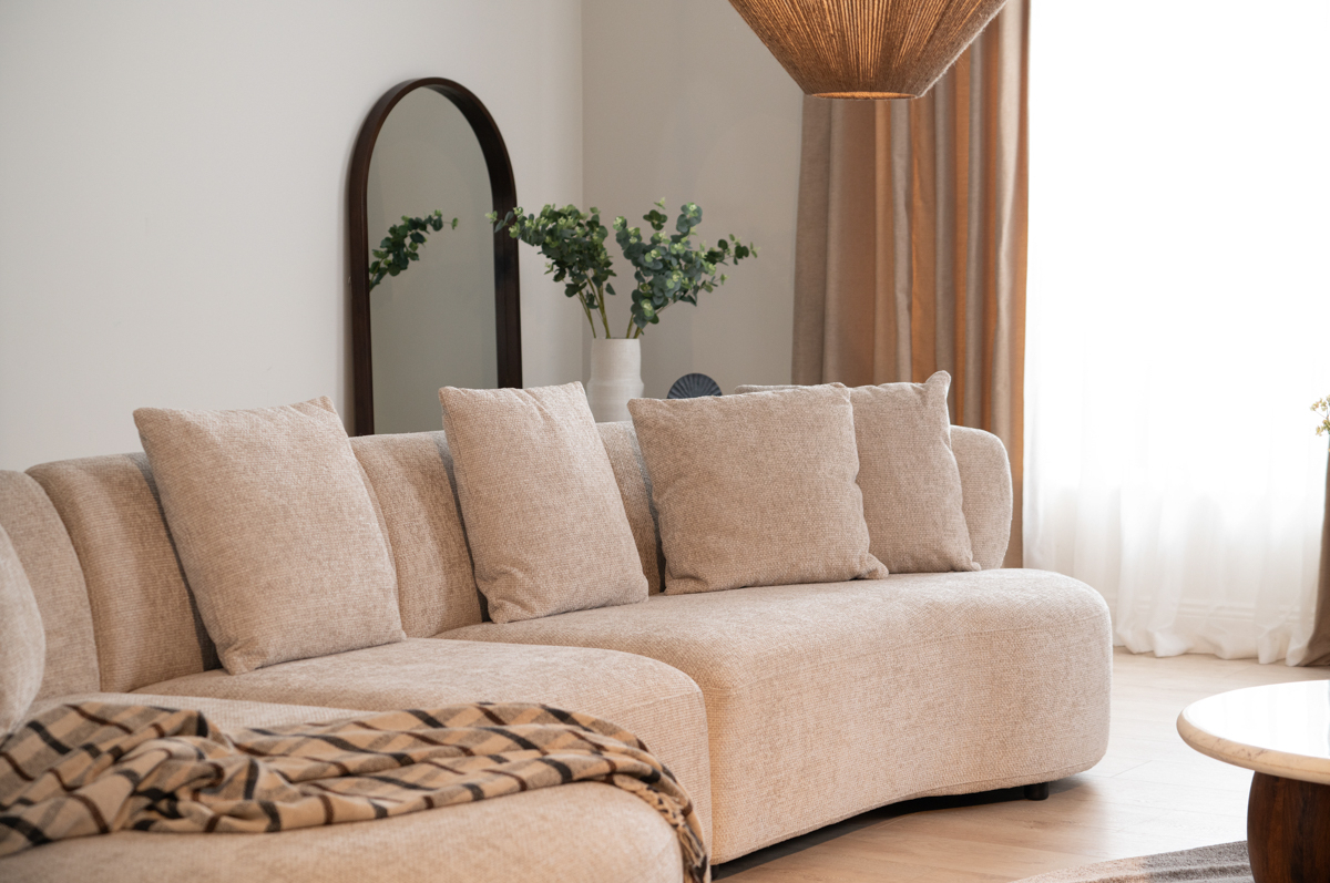 cream fabric chaise fabric corner sofa rounded edges