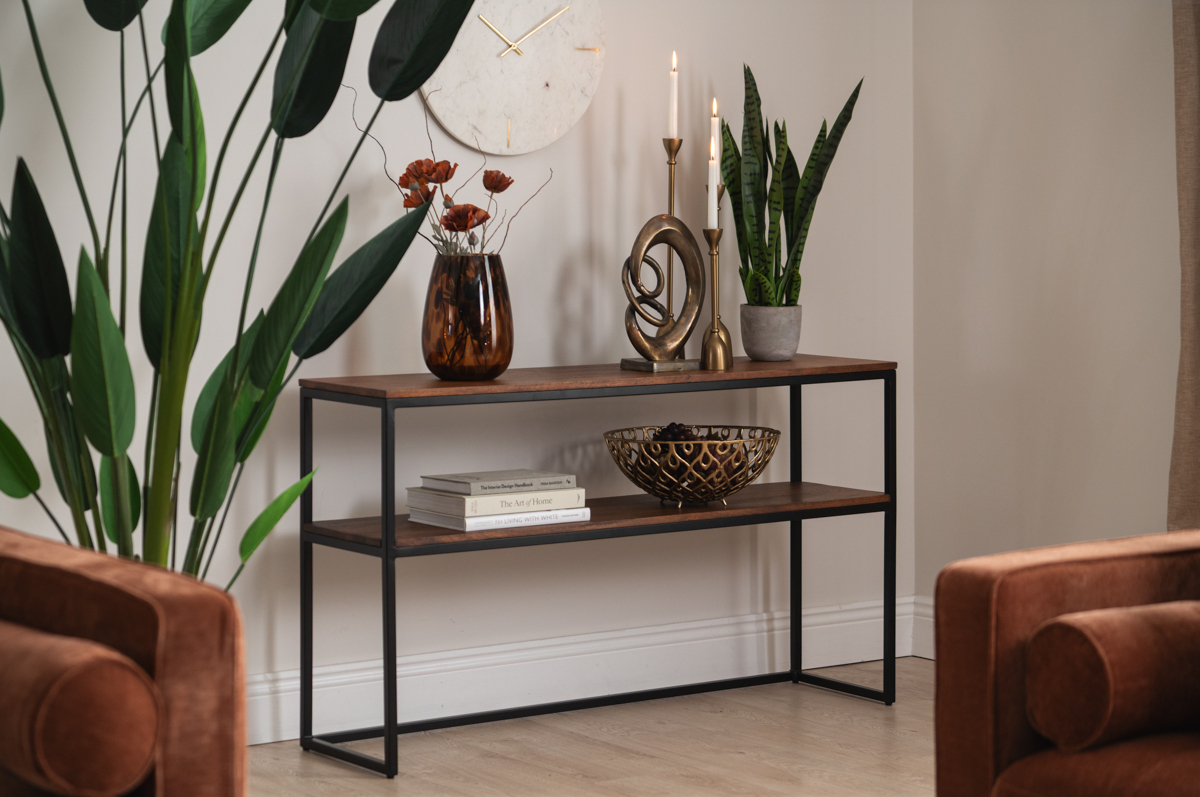 brown console table 2 shelves sleek look entryway