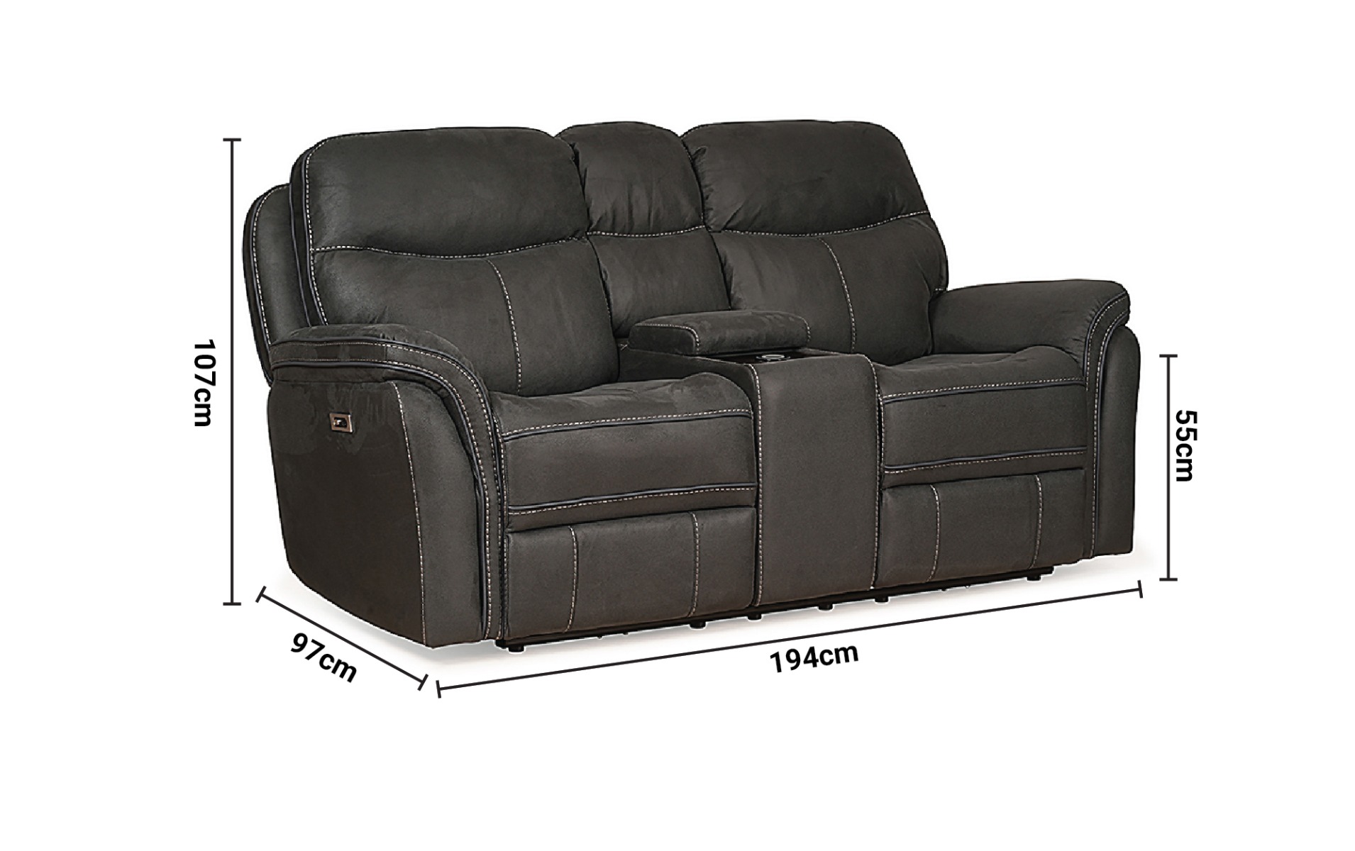 Emerson Dark Grey Fabric 2 Seater Electric Recliner Sofa With Tray dimensions