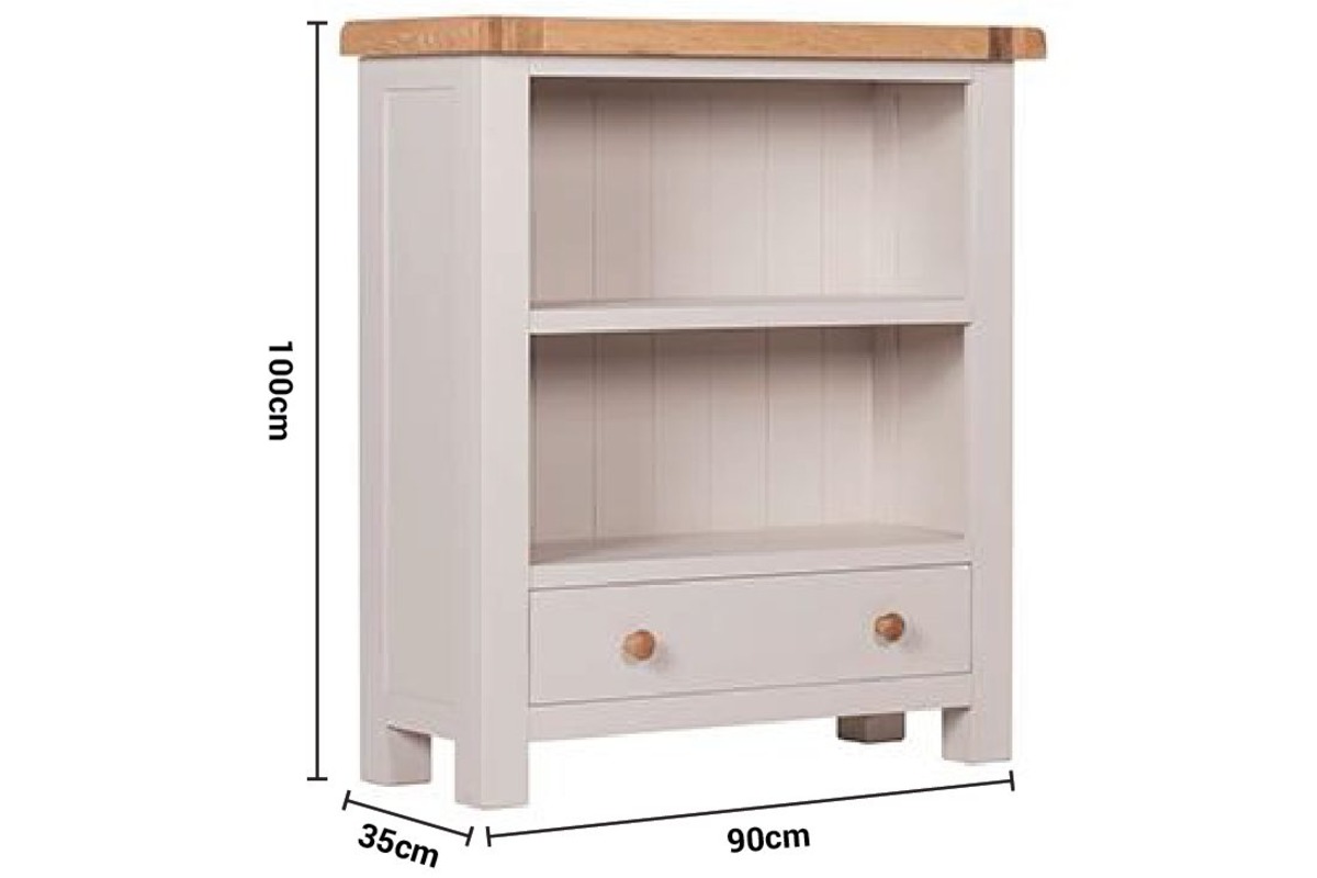 Caravel Light Grey Oak Low Bookcase dimensions