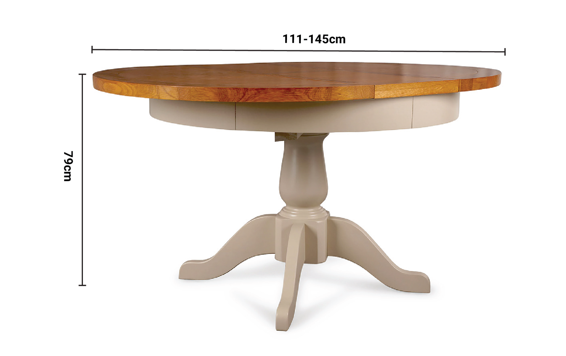 Caravel Light Grey Oak Round Extendable Dining Table  1.1-1.45m dimensions
