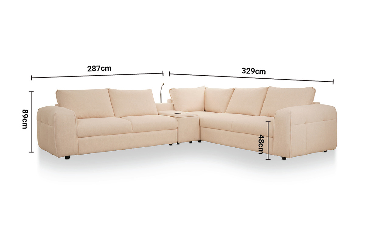 Cozy Cream Fabric Corner Sofa with Bluetooth Speaker Console dimensions