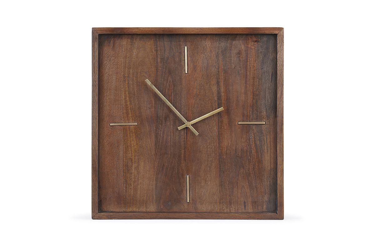Square Wood Wall Clock Brown 40cm