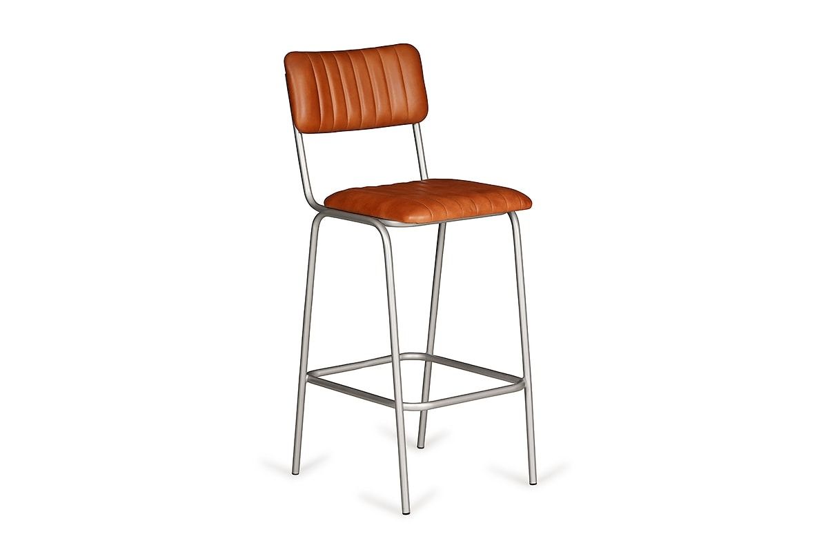 Vintage Antique Brown Leather Bar Stool Silver Leg