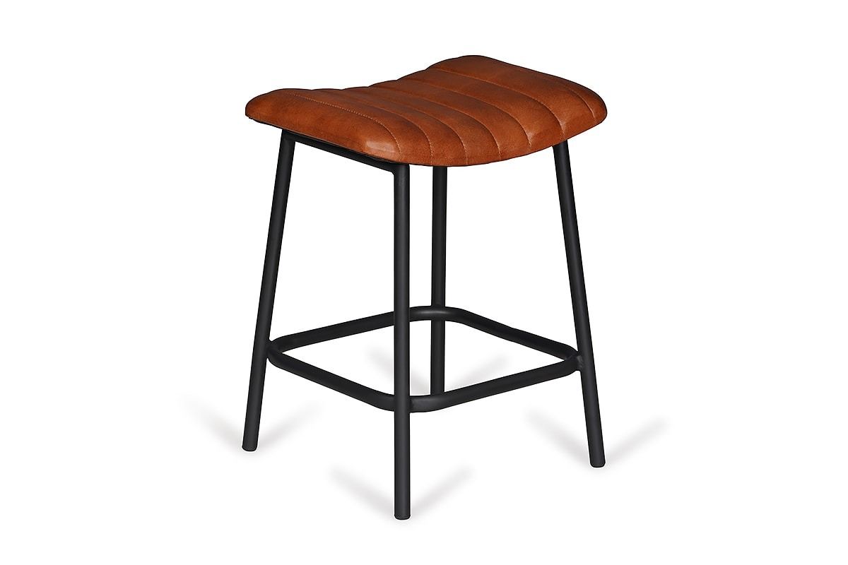 Vintage Antique Brown Leather Low Stool Black Leg