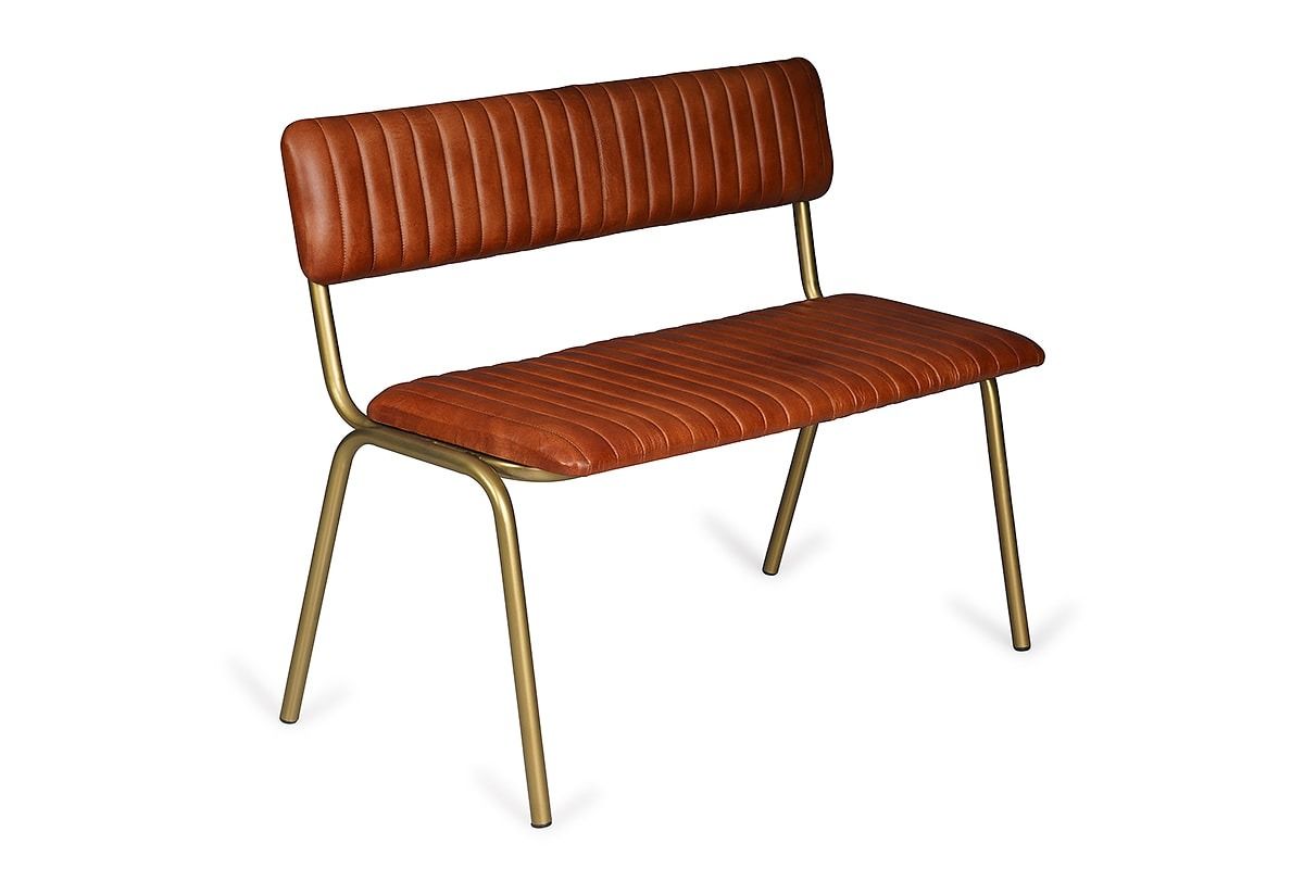 Vintage Brown Leather Bench With Back And Gold Leg