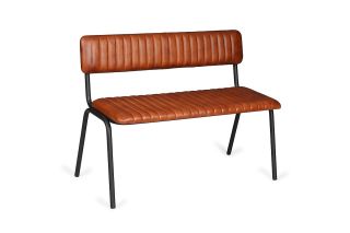 Vintage Brown Leather Bench With Back And Black Leg