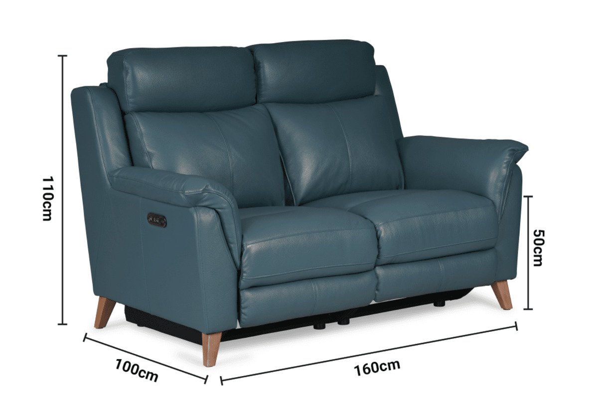Fontella Blue Leather 2 Seater Electric Head Tilt Recliner Sofa dimensions