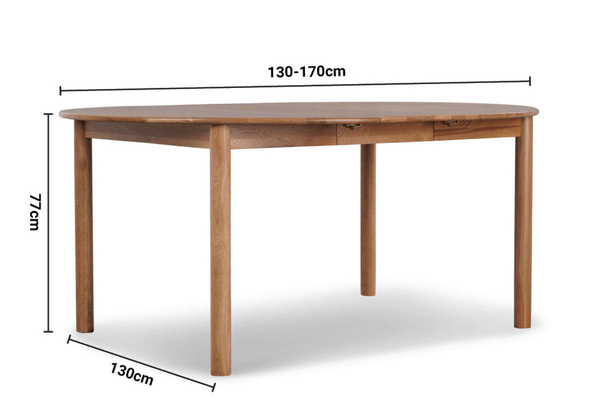 Lucia Oak Round Extendable Dining Table 1.3m dimensions