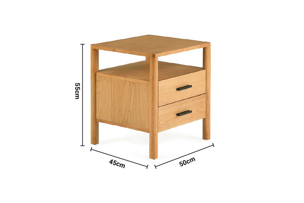 Milita Oak 2 Drawer Bedside Table dimensions