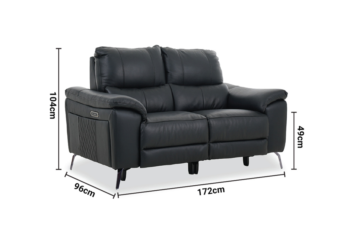 Oliveira Black Leather 2 Seater Electric Recliner Sofa with Head Tilt dimensions