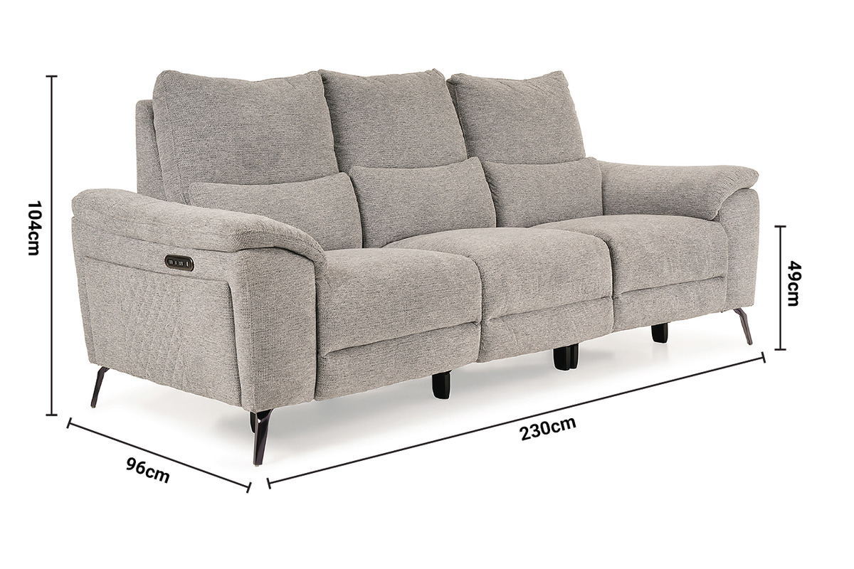 Oliveira Grey Fabric Electric 3 Seater Sofa with Head Tilt dimensions