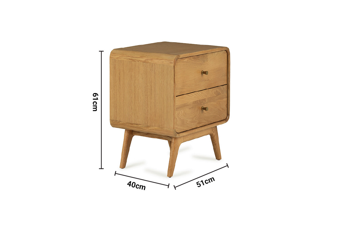 Poe Oak 2 Drawers Bedside Table dimensions