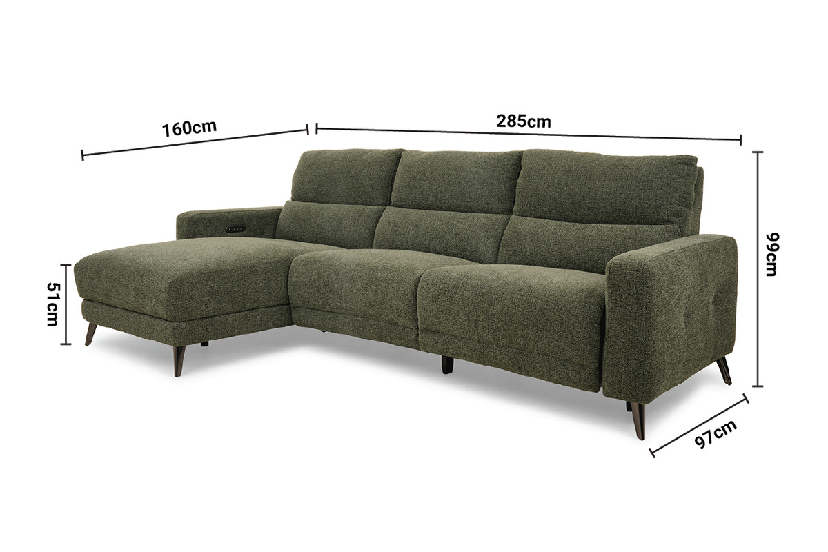 Reno Green Fabric Electric Recliner Sofa - Left Hand Facing  with Sliding Chaise Sofa dimensions