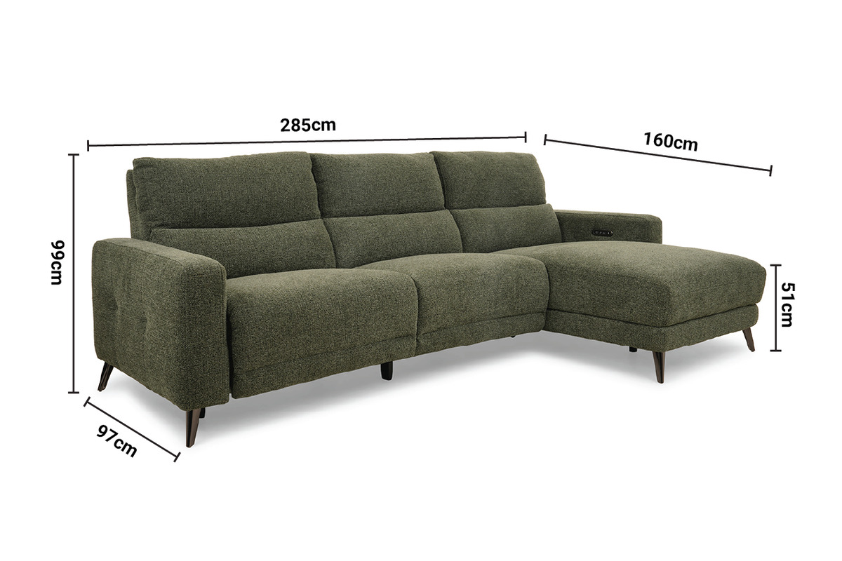 Reno Green Fabric Electric Recliner Sofa - Right Hand Facing with Sliding Chaise Sofa dimensions