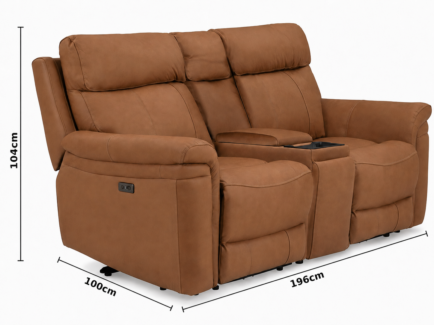 Seattle Brown Leather Electric Recliner Sofa - 2 Seater with Console dimensions