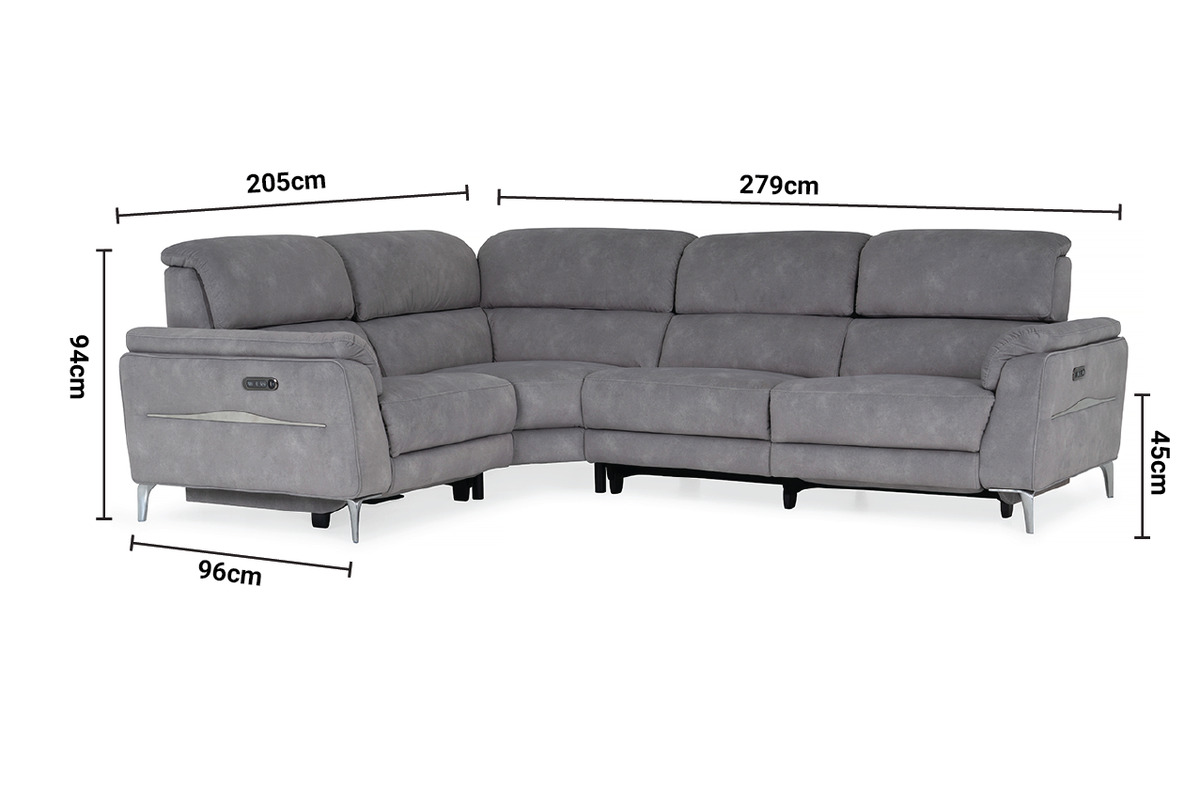 Taylor Grey Fabric LHF Electric Recliner Corner Sofa with Head Tilt dimensions
