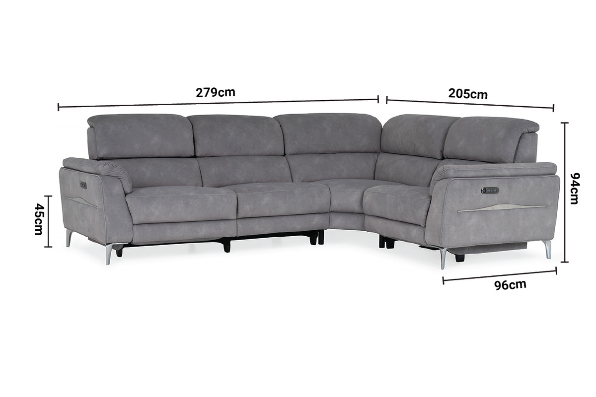 Taylor Grey Fabric RHF Electric Recliner Corner Sofa with Head Tilt dimensions