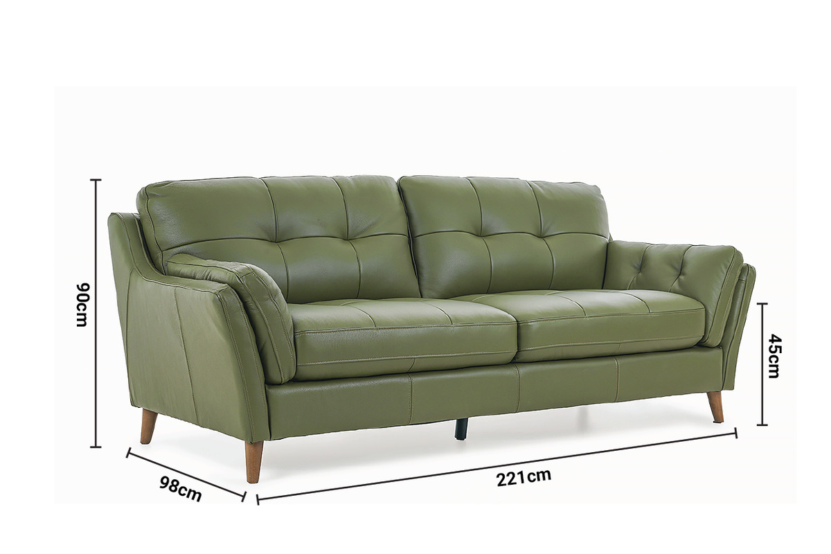 The Oliver Pine Green Leather 3 Seater Sofa dimensions