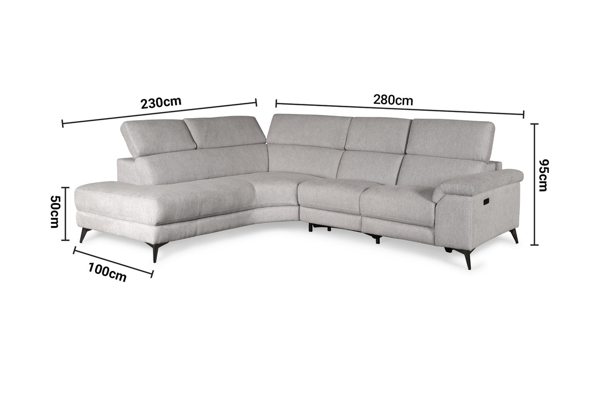 Toronto Grey Retro Fabric Electric Recliner Corner Sofa - Left Hand Facing dimensions
