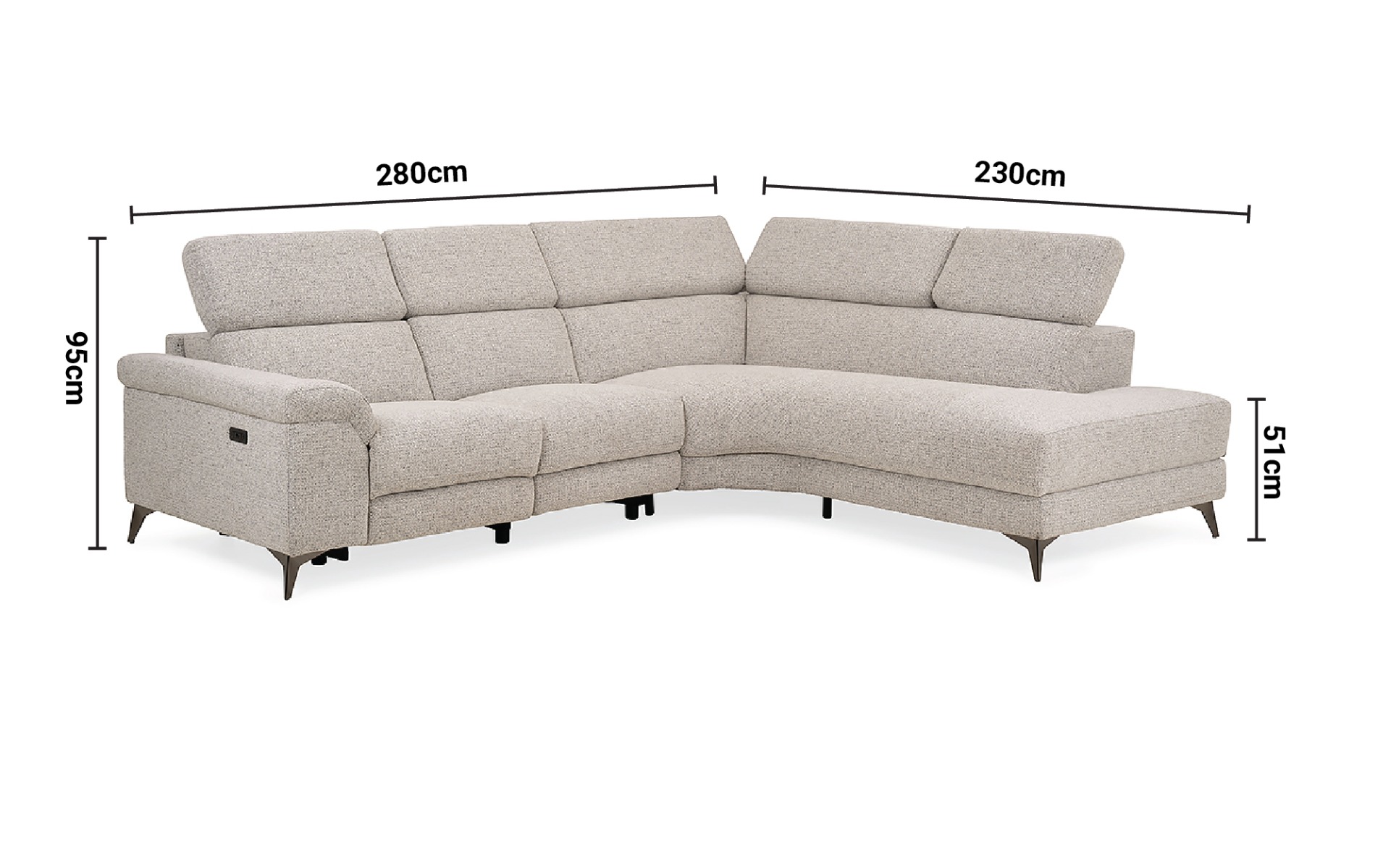 Toronto Grey Retro Fabric Electric Recliner Corner Sofa - Right Hand Facing dimensions