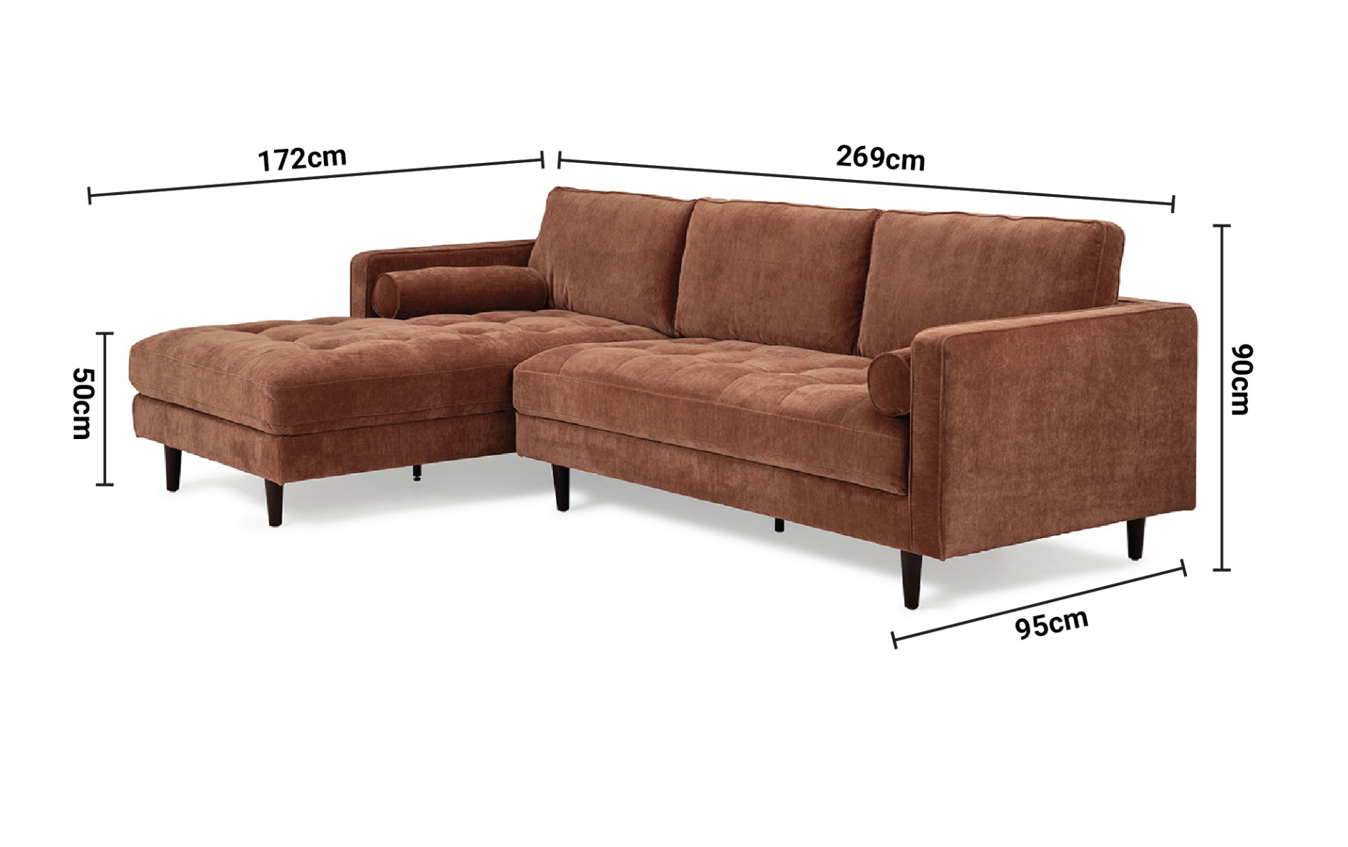 Turner Brown Fabric Corner Sofa - Left Hand Facing dimensions