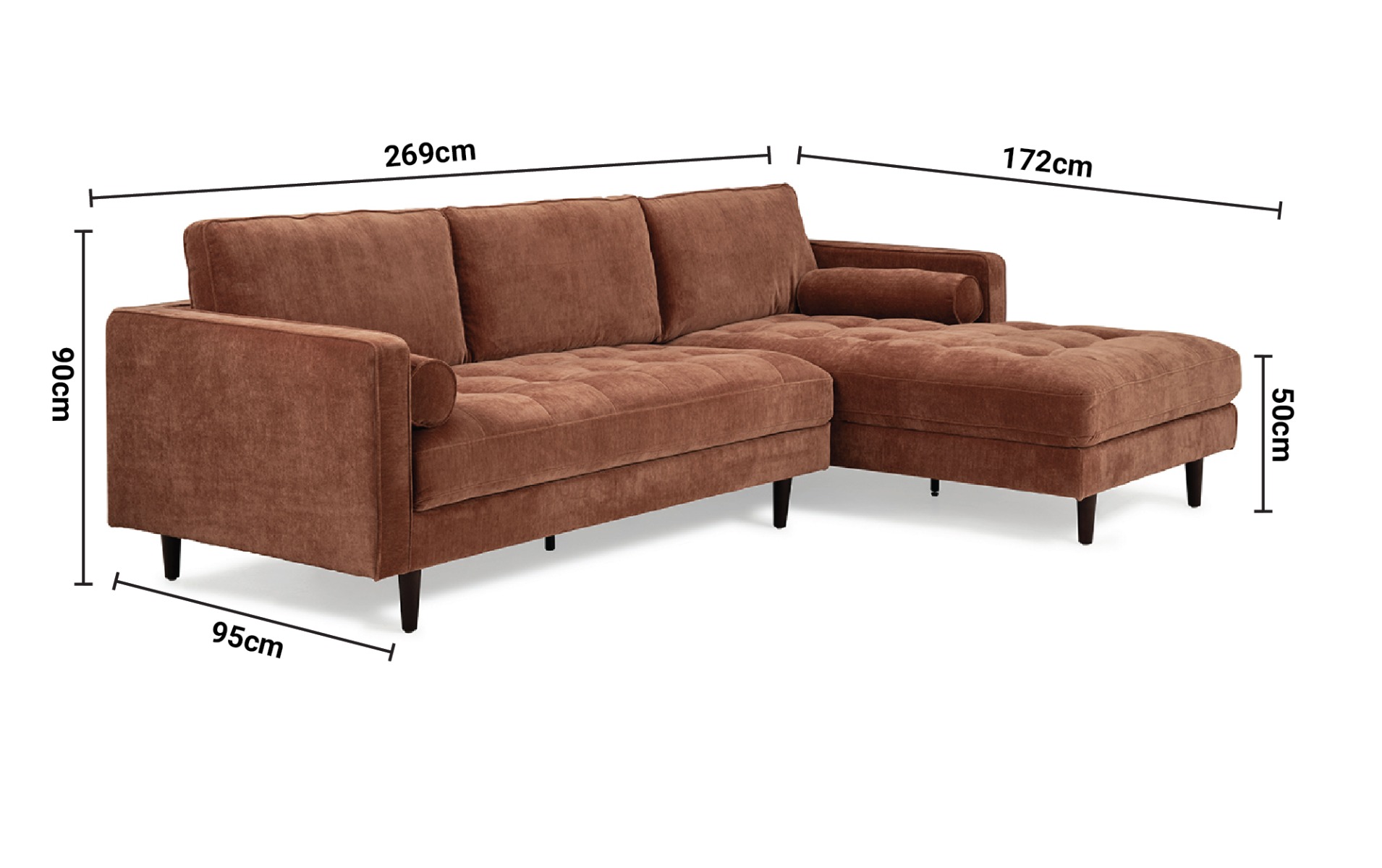 Turner Brown Fabric Corner Sofa – Right Hand Facing dimensions