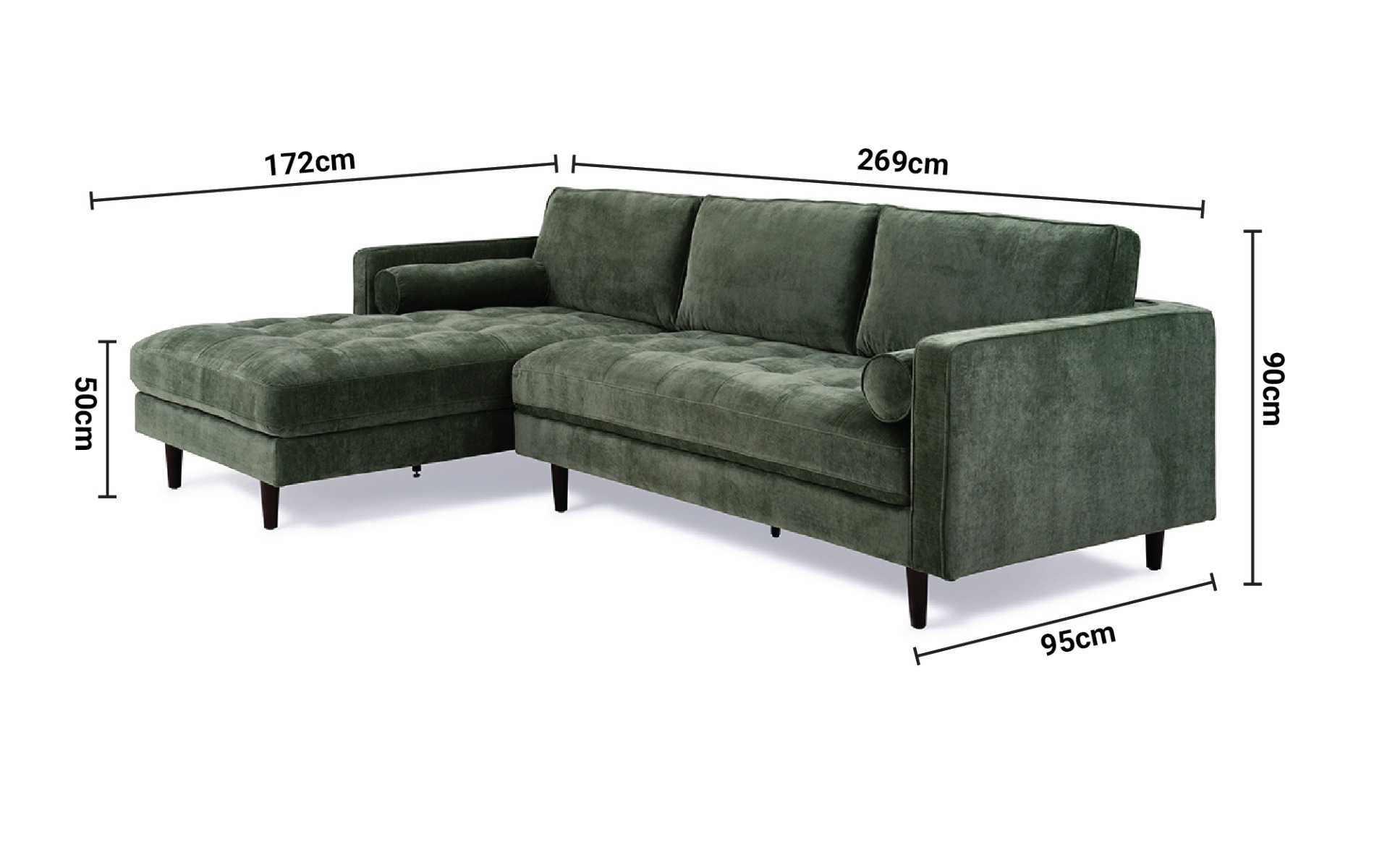 Turner Green Fabric Corner Sofa - Left Hand Facing dimensions