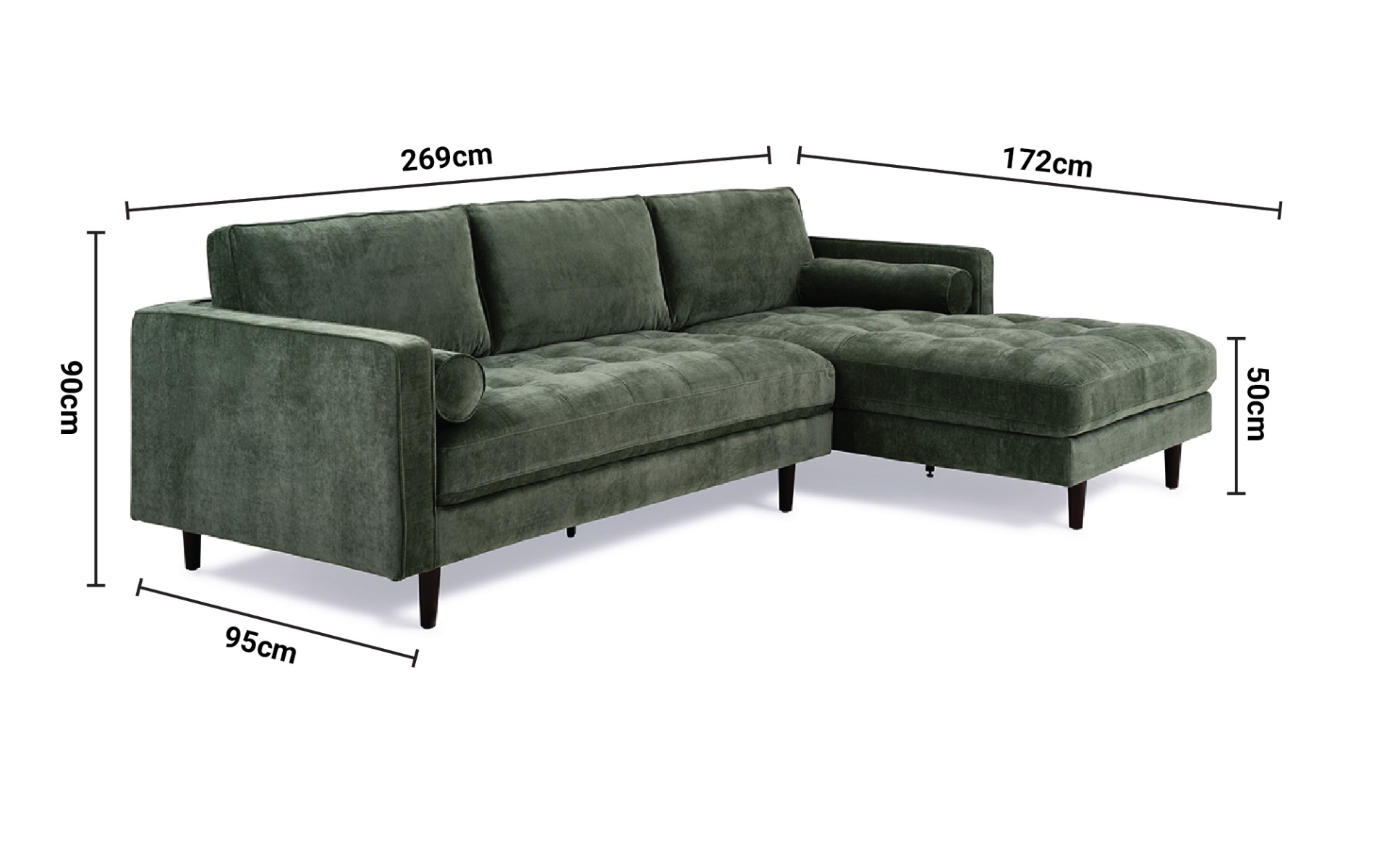 Turner Green Fabric Corner Sofa – Right Hand Facing dimensions