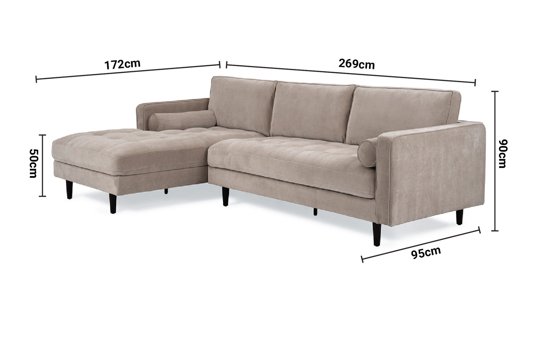 Turner Taupe Fabric Corner Sofa - Left Hand Facing dimensions