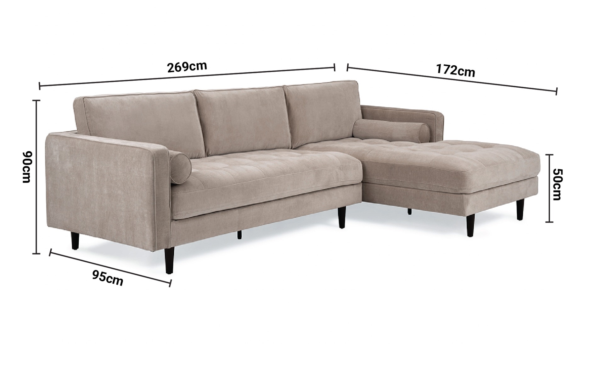 Turner Taupe Fabric Corner Sofa - Right Hand Facing dimensions