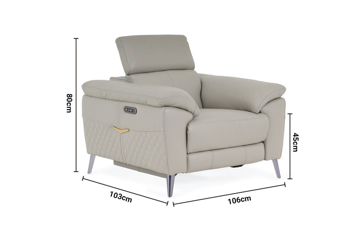 Vettori Grey Leather Armchair Electric Recliner with Head Tilt dimensions