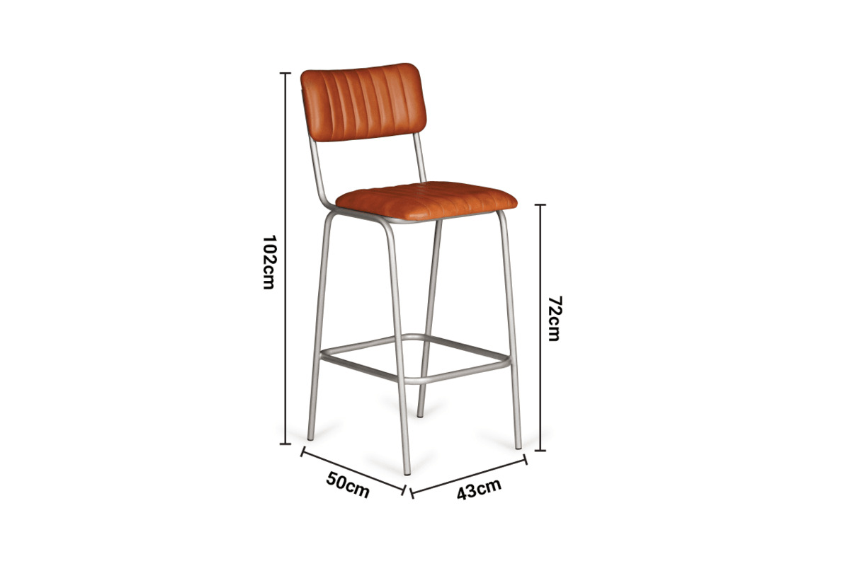Vintage Antique Brown Leather Bar Stool Silver Leg dimensions